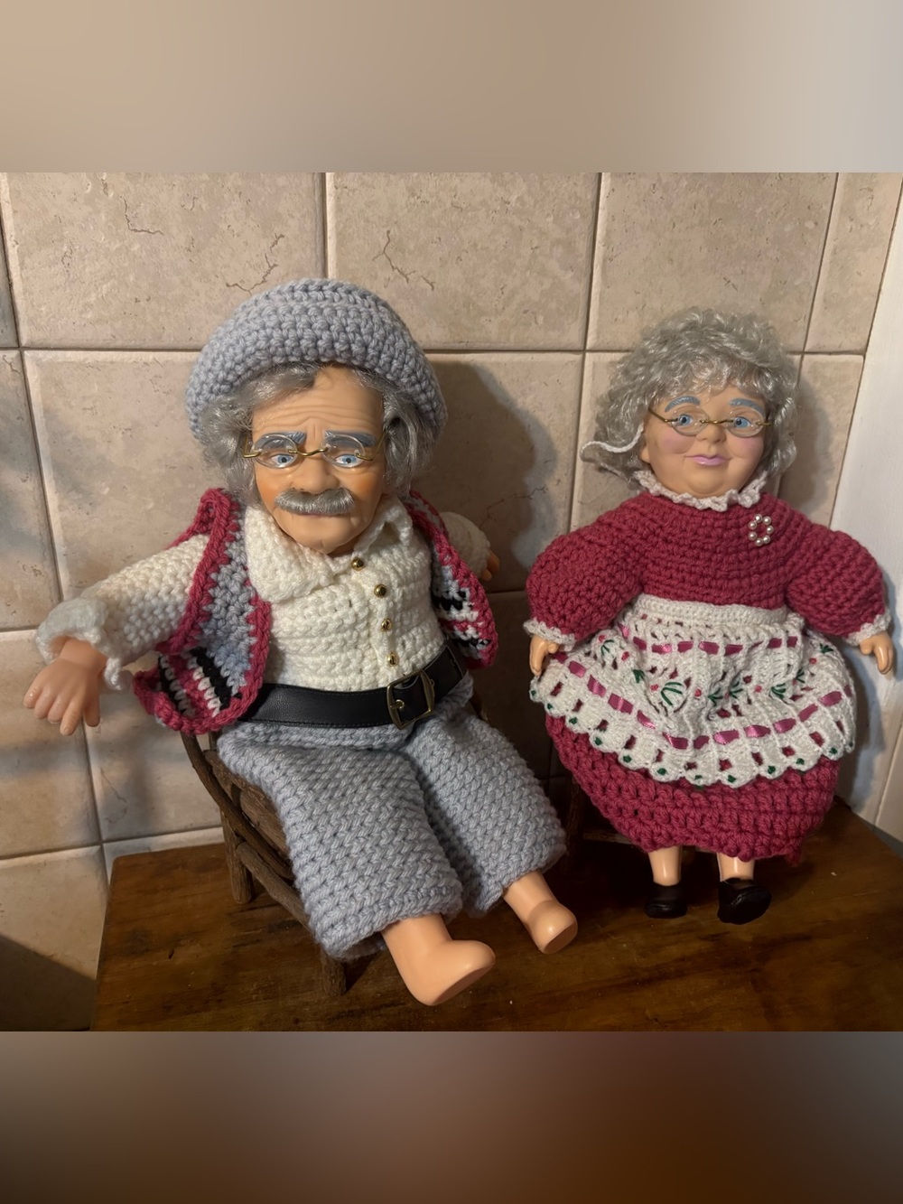 Vintage Grandpa And Grandma Crochet Dolls With Glasses, chairs included